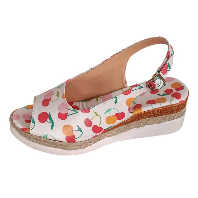 Bmisegm Ladies Summer Cherry Printed Soft Leather Buckle Slope Heel Thick Bottom Large Size Fish Mouth Sandals Womens Sandals Summer Yellow 8