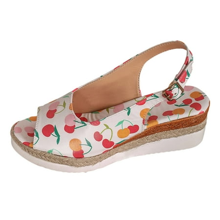 

Jungdeepe Ladies Summer Cherry Printed Soft Leather Buckle Slope Heel Bare Sandals Sliders Women Shoes Stud Sandals for Women Wild Diva Sandal Slippers for Women Summer Sandals for Women Size 6