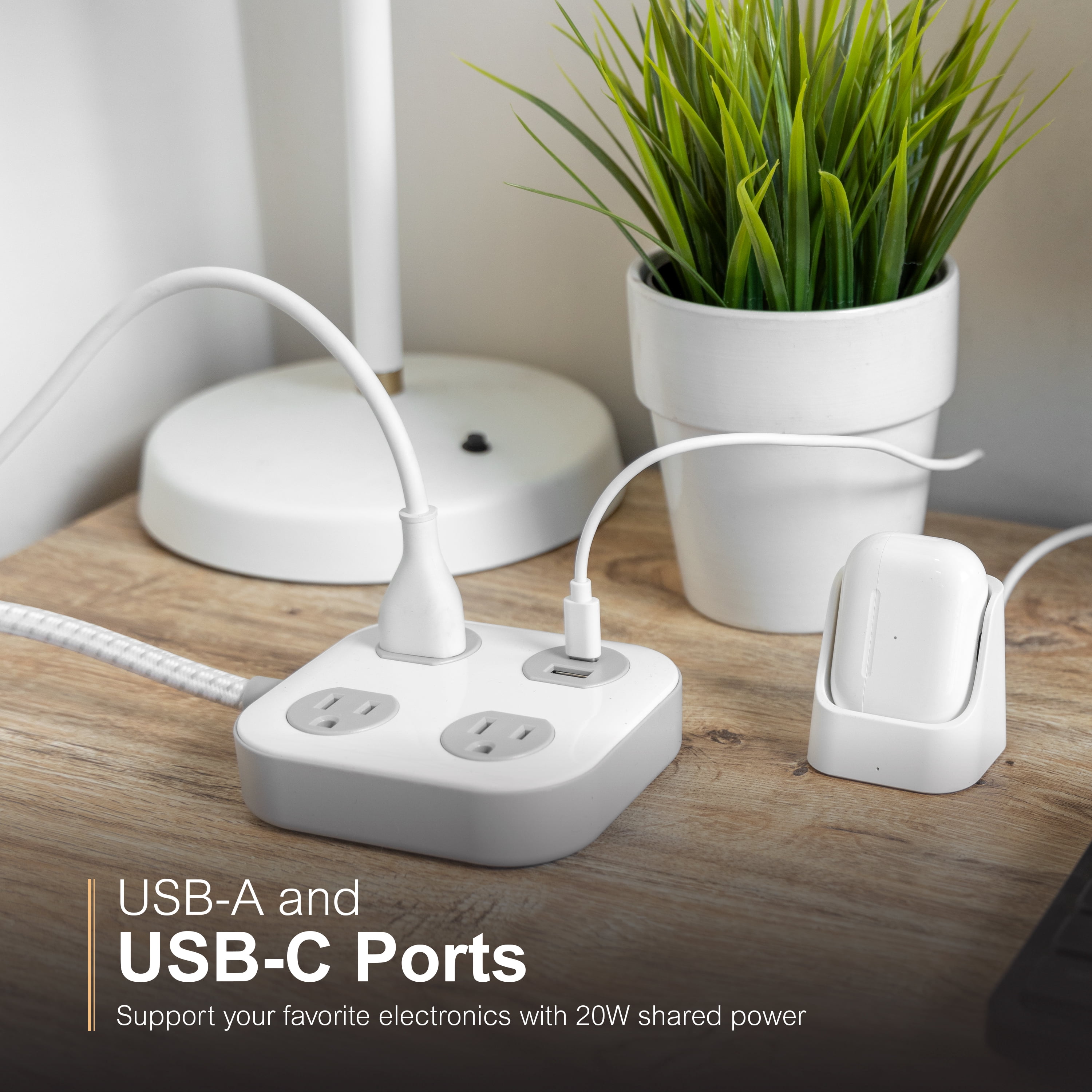 GE 3 Outlet Surge Protector Power Strip with USB‑A and USB‑C, 245 Joules, 4ft Braided Cord