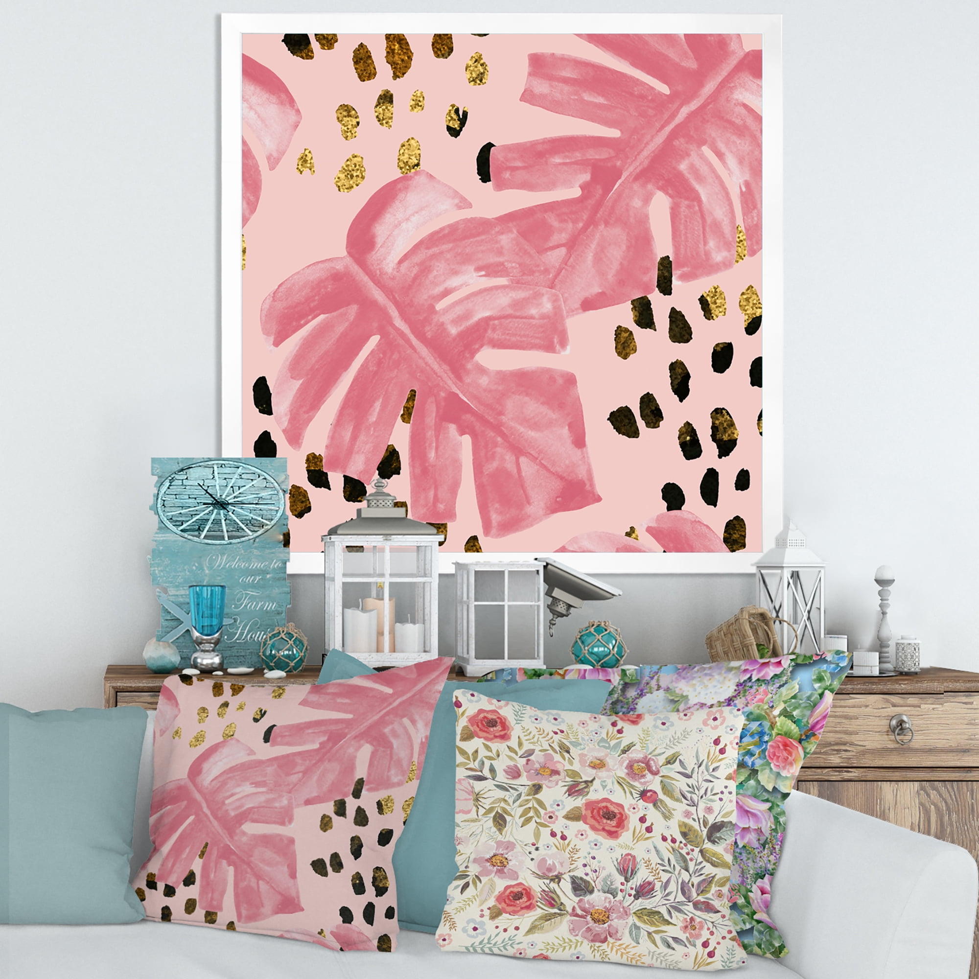 Designart 'Rough Brush Strokes Pink Colored Monstera I' Tropical Framed Art Print