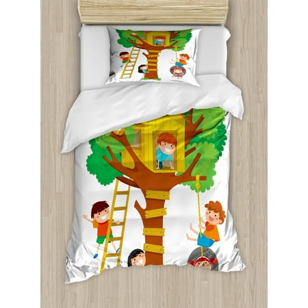 Kids Twin Size Duvet Cover Set Cheerful Little Boys And Girl