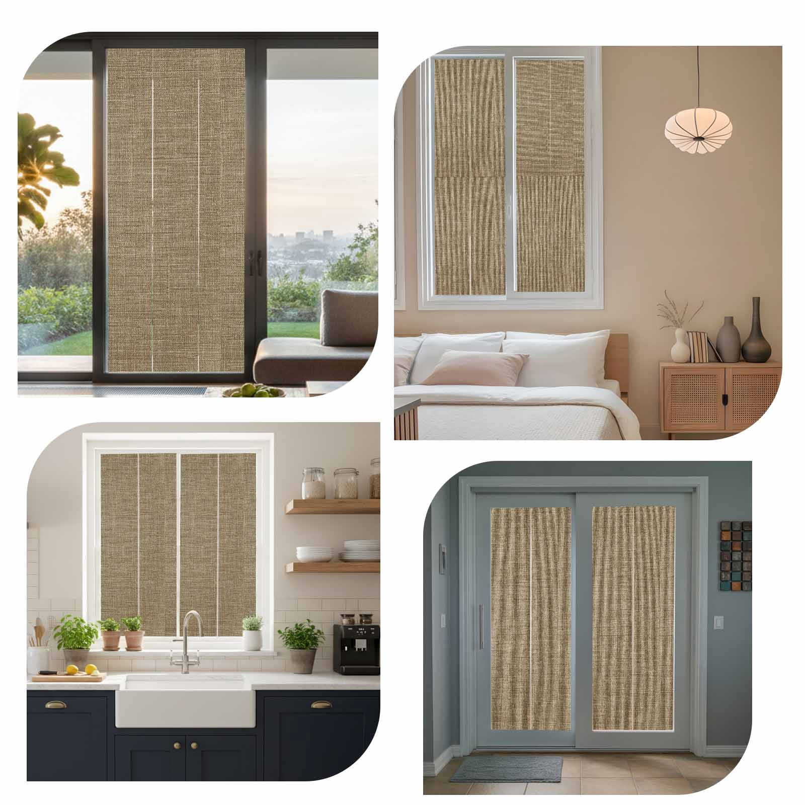 Static Cling Door Window Covering, Brown Window Privacy Film Frosted, Farmhouse Burlap Solid Beige Color Modern Linen Texture UV Blocking Windows Film for Office, Hotel, Bedroom, 29.5 x 78.7 Inches