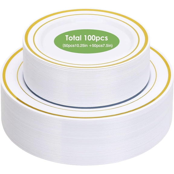 100PCS White Gold Plastic Plates Disposable,Party Plates White with Gold Rim, 10.25inch Dinner Plates and 7.5inch Dessert Salad Plates Heavy Duty Plates for Wedding Party and Birthday