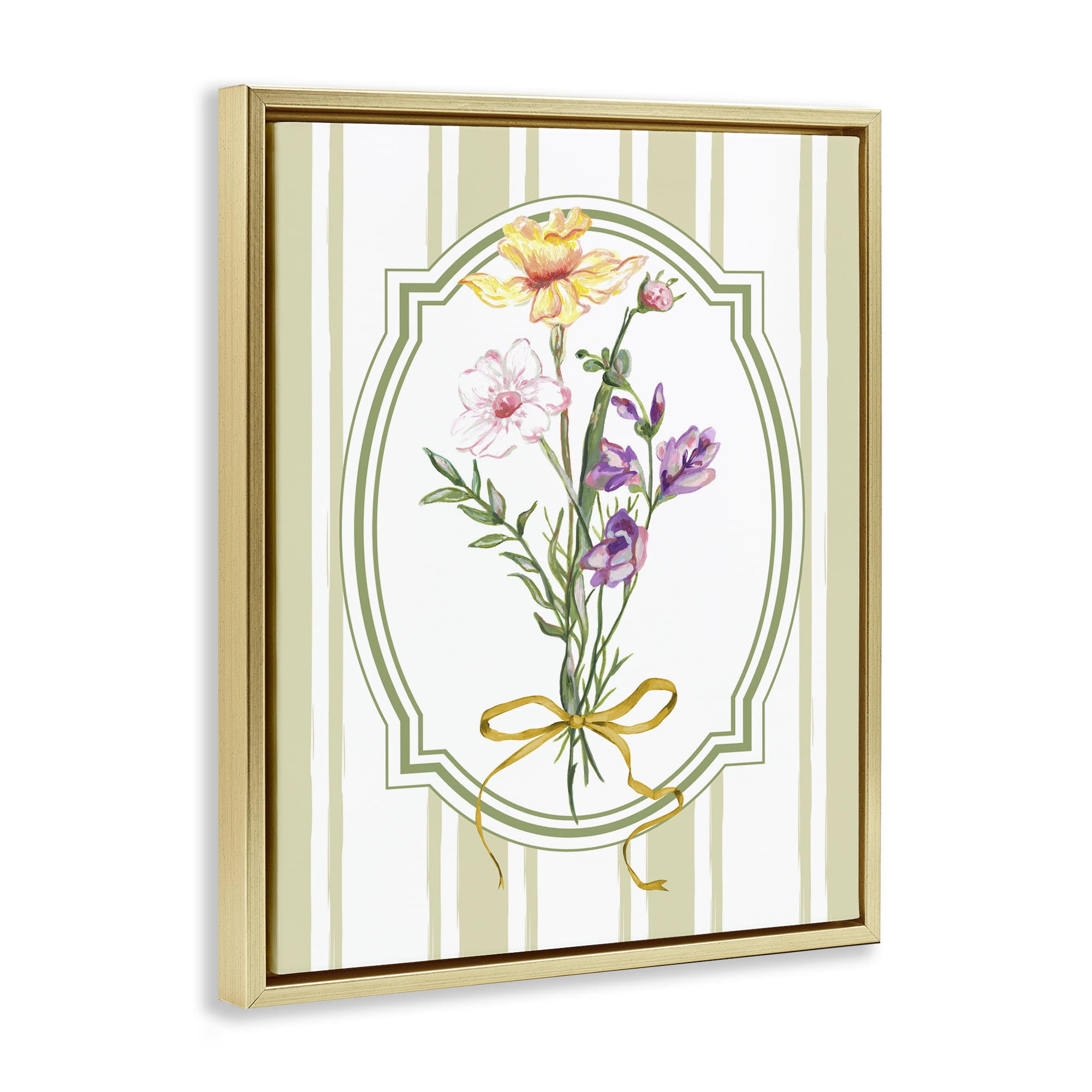 Vintage Wildflowers with Ribbon Gold Framed Floater Canvas Wall Art, design by Adonna Ebrahimi