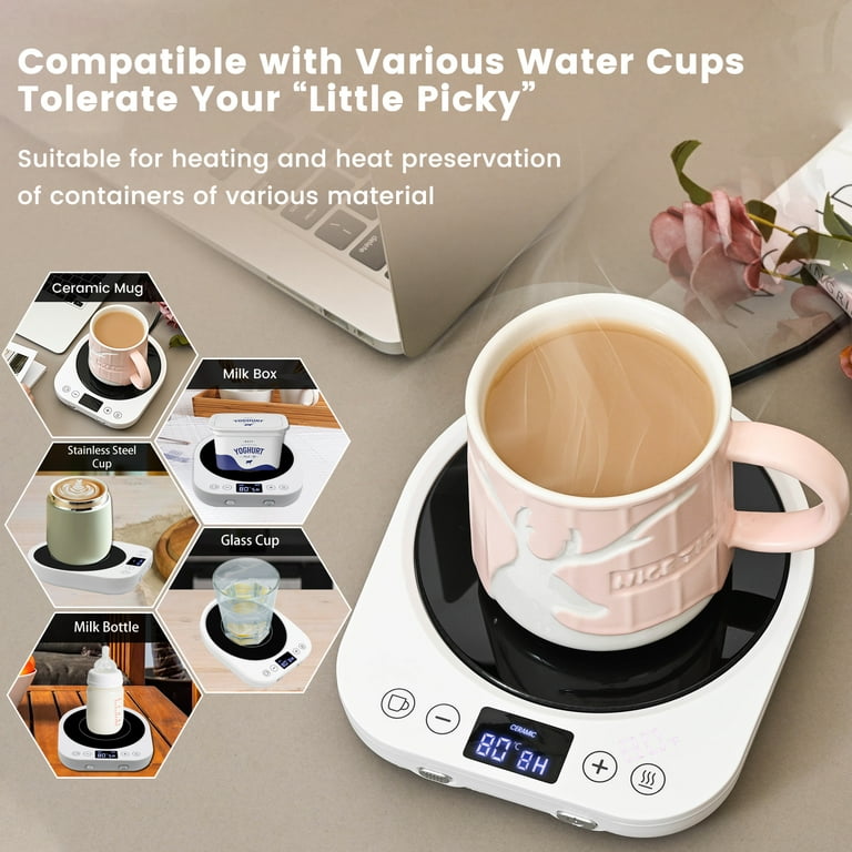 MQ Mug Warmer Electric, 3 Temperature Settings Gravity-Induction Coffee Warmer,1-9 Timer Auto Shut Off, Size: 5.2 x 5.2 x 1.2, White