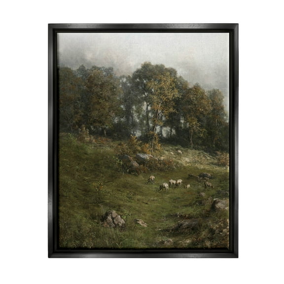 Classic Farm Field Grazing Animals Landscape Painting Jet Black Framed Art Print Wall Art