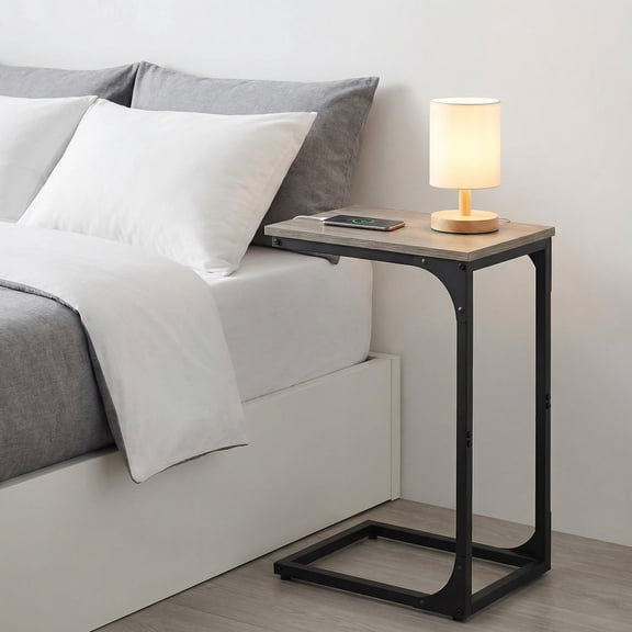 VASAGLE Mesa Auxiliar, Mesa de Sofá en Forma de C, Bandeja de TV, Marco de Metal, Salón, Dormitorio, Greige y Negro