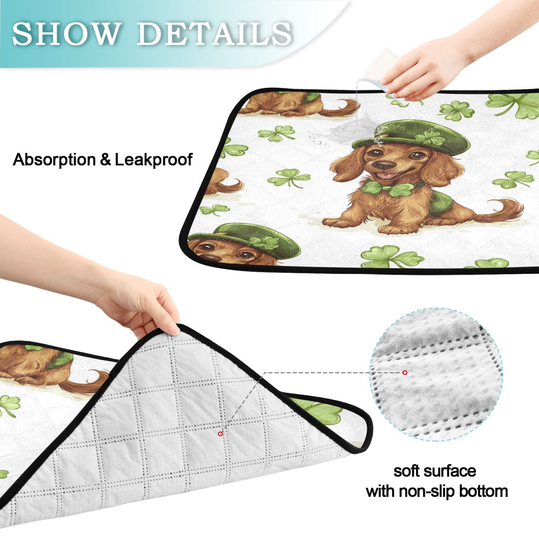Qxltty St Patricks Dachshund in A Shamrock Hat Pattern Cat litter Pads Pet Set of 3 Diaper Mats Center Anti-leakage Layer Absorbent Soft and Comfortable