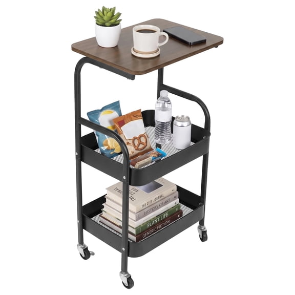 3 Tier Metal Rolling Utility Cart, Movable Storage Trolley with Wooden Table Top, Lockable Wheels, Multifunctional Organizer for Kitchen, Bathroom, Living Room & Bedroom (Black)