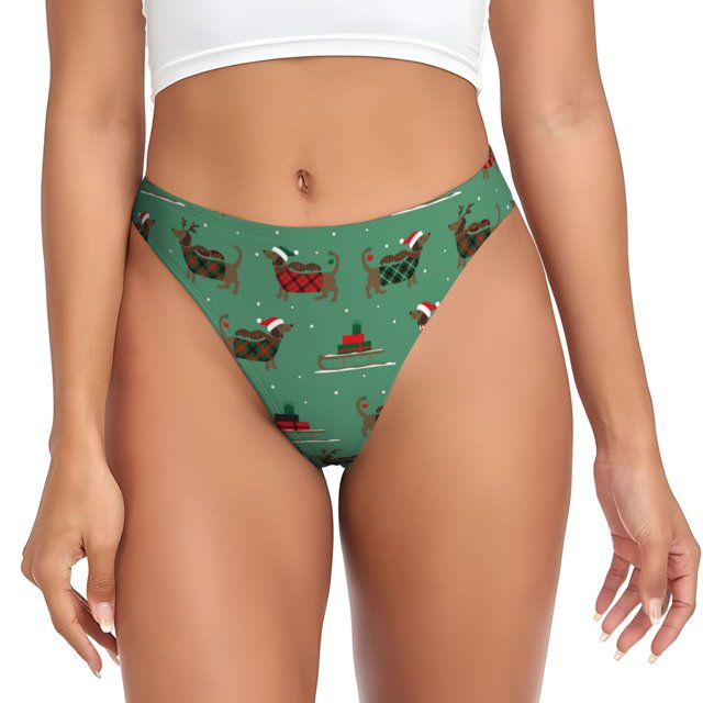 Fotbe Christmas Dachshund Tanga Sin Costuras para Mujer con Estampado – Panties Invisibles, Transpirables y Cómodos para Uso Diario-Large