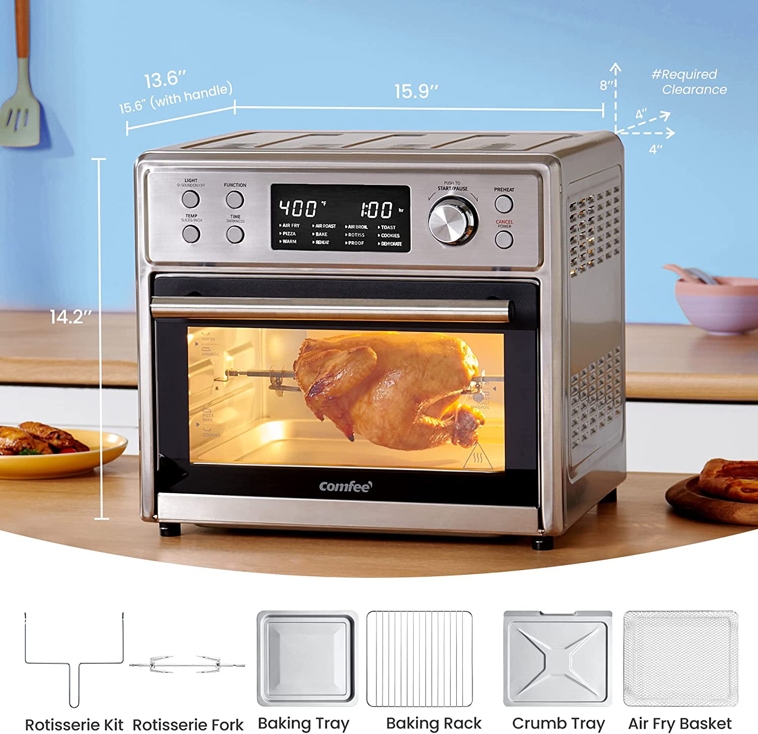 COMFEE 12-in-1 Air Fryer Toaster Oven Combo, 6 Slice 12 Pizza Countertop Convection  Oven with Rotisserie, Precise Temperature Control, 26.4 QT Large Capacity,  6 Accessories, Stainless Steel 