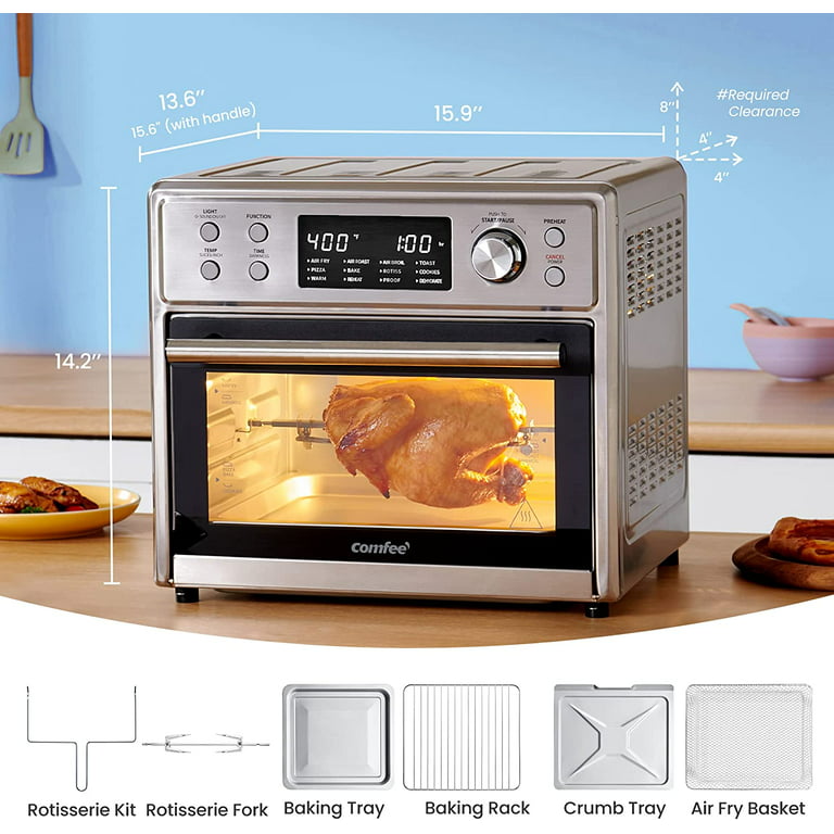 COMFEE' Retro Air Fry Toaster Oven, 7-in-1, 1500W, 19QT Capacity, 6 Slice,  Air Fry, Rotisseries, Warm, Broil, Toast, Bake, Convection Bake, Black,  Perfect for Countertop