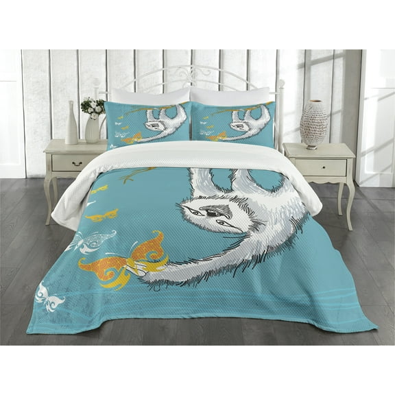 Ambesonne Sloth Quilted Bedspread Set 3 Pcs, Sketchy Sloth Butterflies, King Size, Teal Pale Grey Orange