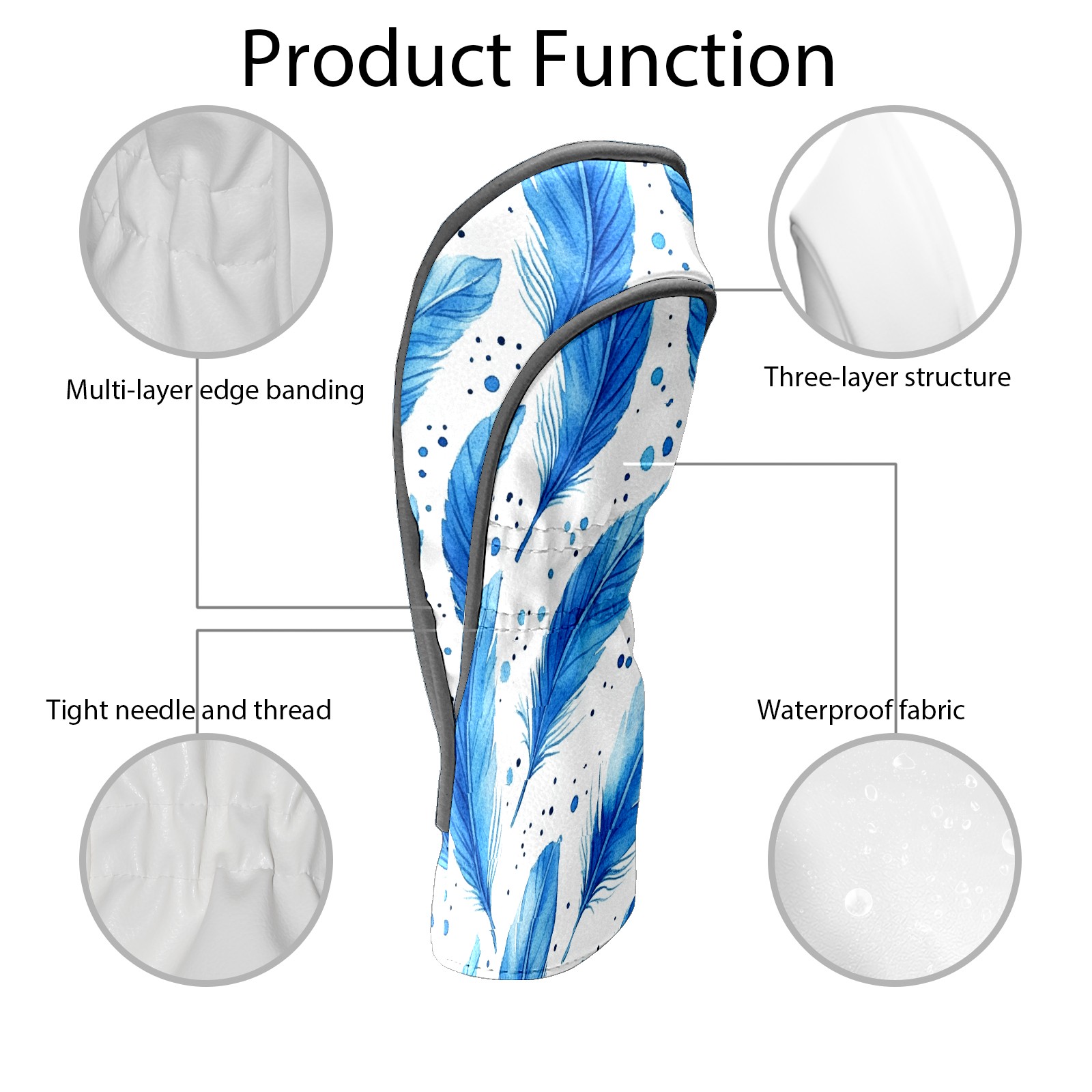Golf Club Covers, Blue Feathers Premium PU Leather Driver Hybrid Putter Head Covers with Velvet Lining, Waterproof Golf Gifts for Men Women