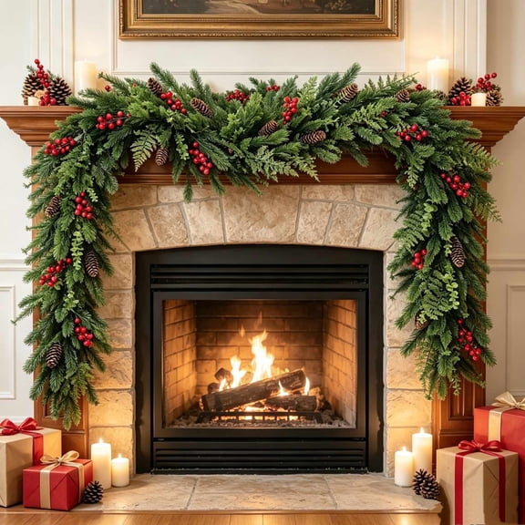 Christmas Wreath Decoration, 5 FT Green PVC Christmas Vine Rattan with Norfolk Cones, Indoor Outdoor Hanging Holiday Door, Window, Entryway Decor