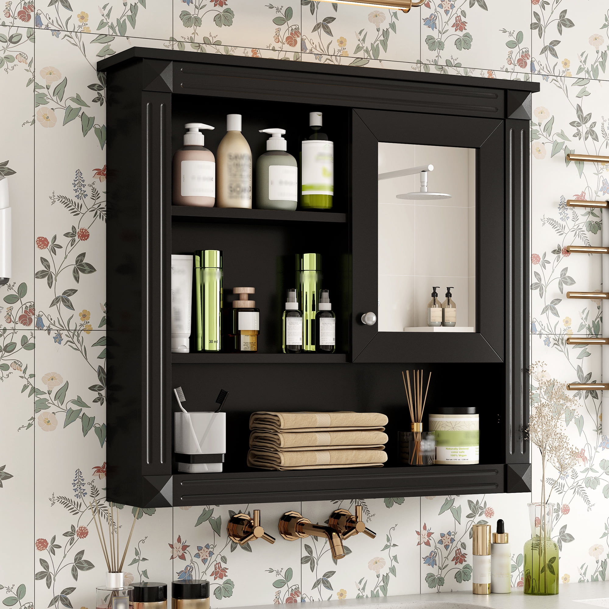 Euroco Wall Mounted Medicine Cabinet, Mirrored, MDF, Glass, 36'' x 17'' x 8'', Black