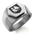 thumbnail image 1 of Stainless Steel Dragon Guardian Coat of Arms Shield Engraved Hexagon Crest Flat Top Biker Style Polished Ring, 1 of 1