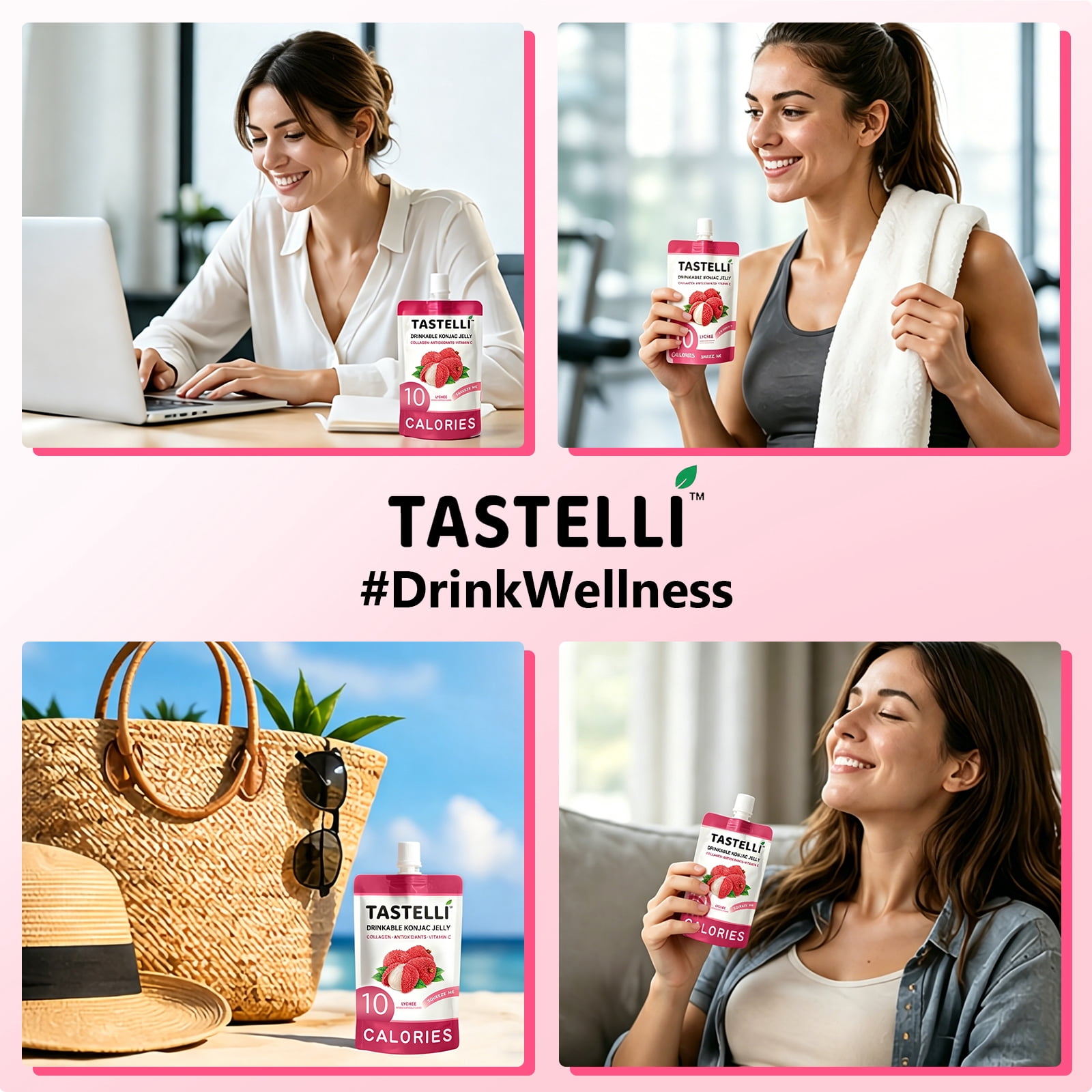 Tastelli Lychee  Konjac Jelly Infused with Collagen & Vitamin C | Gluten Free, Sugar Free, Low Calorie | Vegan Drinkable Fruit Jelly Snack | 150mL x 10 Pouches