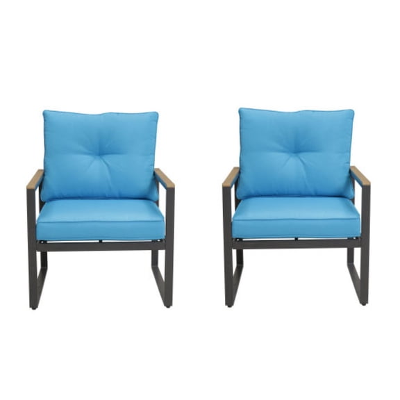 Steel Patio Furniture Armchair Set of 2, Metal Outdoor Chairs with Upgraded Cushions, All-Weather Outdoor Single Sofa for Balcony, Garden, Deck, Backyard, Blue