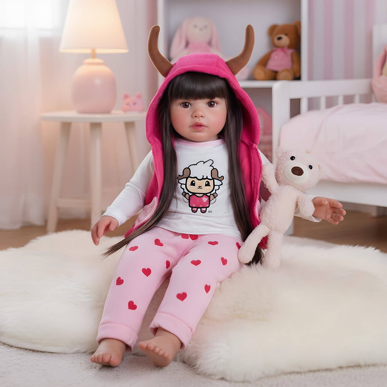 RSG Lifelike Reborn Baby Dolls Candy - 22 Inch Baby Doll Long Black Hair Girl Handmade Real Life Dolls with Clothes and Toy Accessories Gift for Kids Age 3+