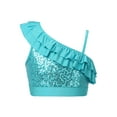 thumbnail image 1 of TTAO Kids Girls Sleeveless Sequin Ruffle Dance Top Shirt Asymmetrical Shoulder Straps Performance Crop Top Blue 12, 1 of 7