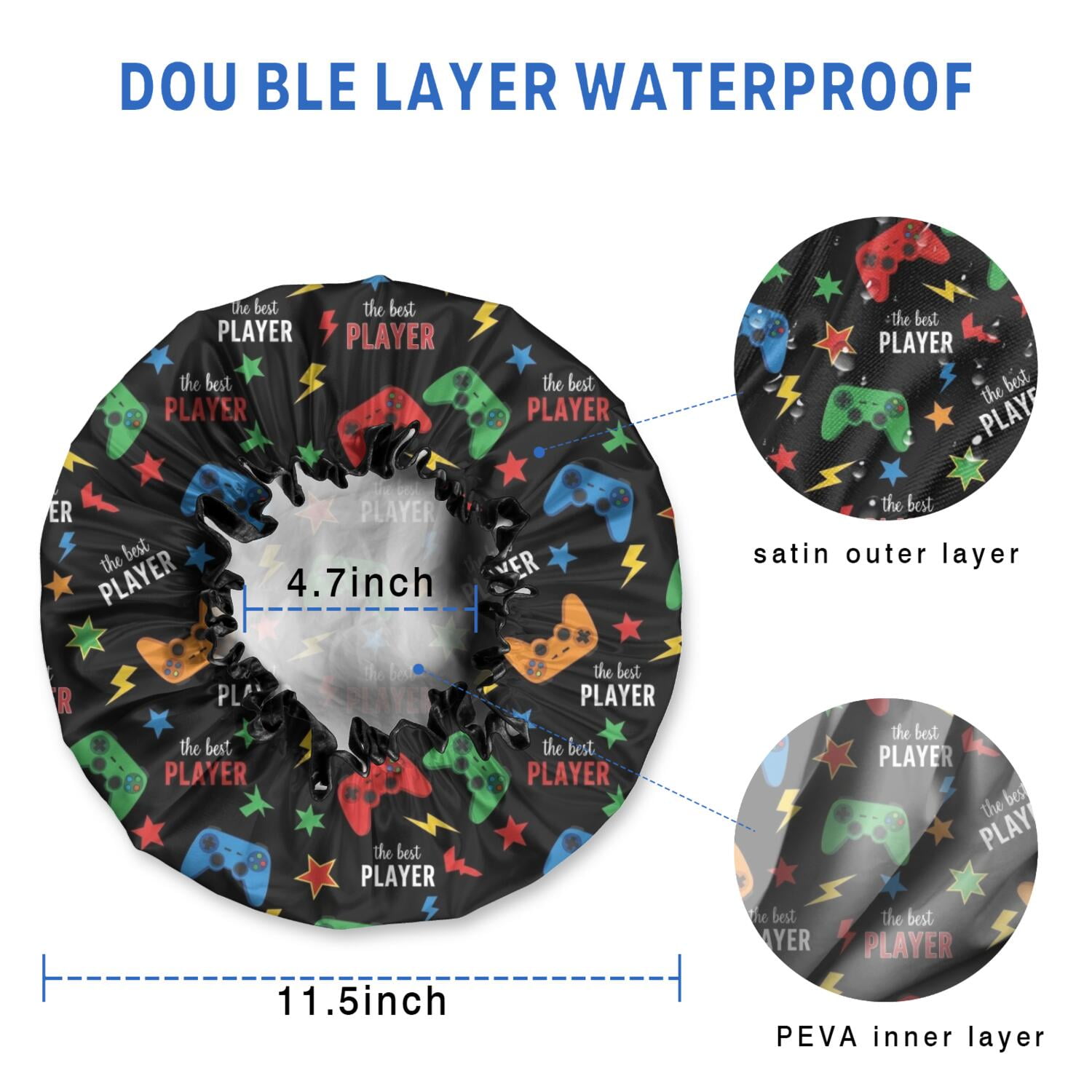 Shower Caps,Multicolor Controllers Games Text Black Pattern Waterproof Shower Cap for Women 4 Pieces,Double Reusable Hair Cover for Shower PEVA Elastic Stretch Hem