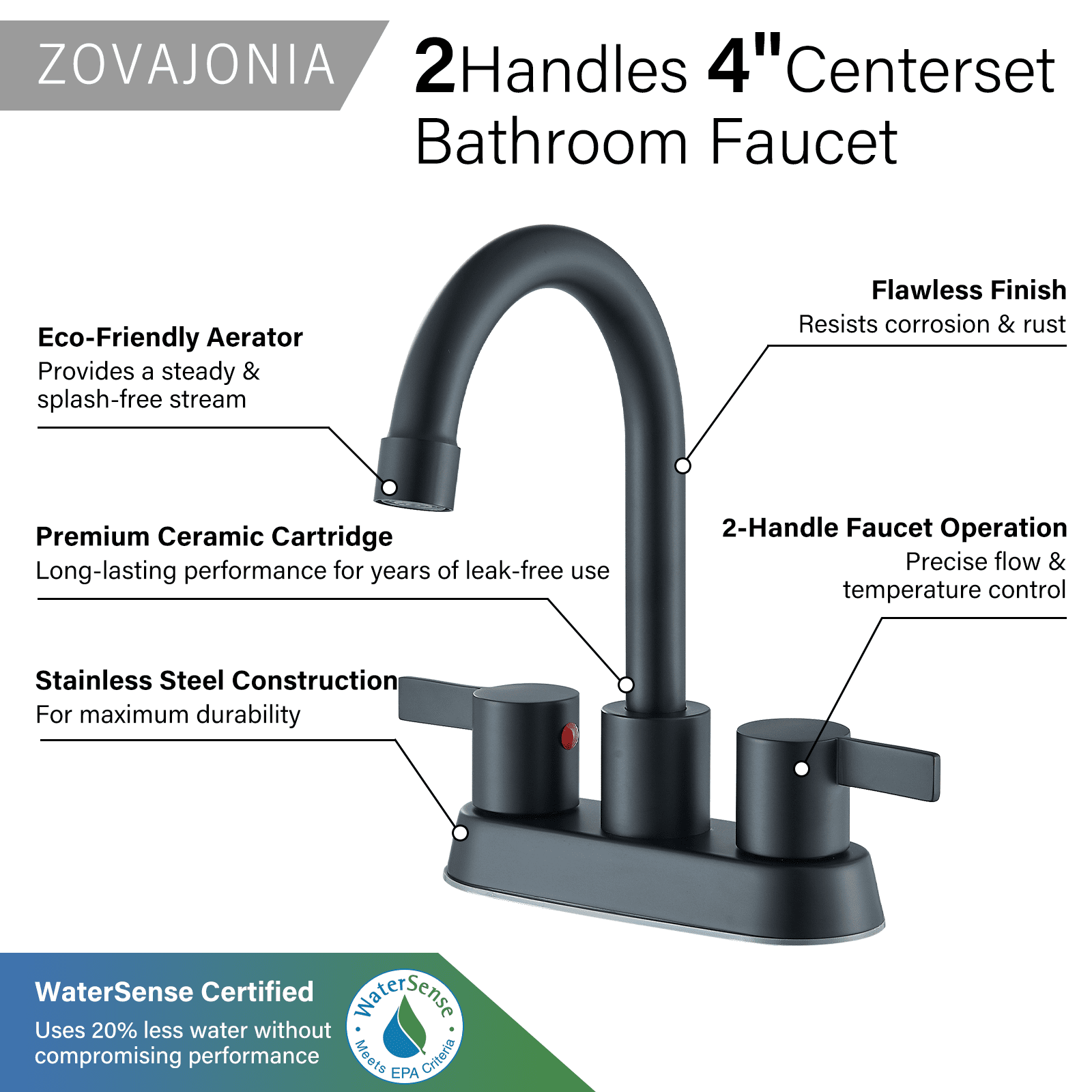 Zovajonia 4 Inch 2 Handle Centerset Matte Black Lead-Free Modern Bathroom Faucet , 360 Swivel Spout 2-3 Hole RV Bathroom Vanity Sink Faucet with Pop Up Drain and Water Supply Lines