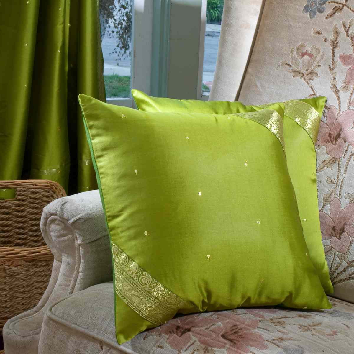 Olive Green 2 handcrafted Sari European Pillow Cover, Euro Sham 26" X
