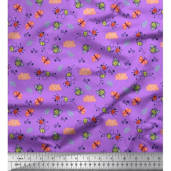 Soimoi Purple Velvet Fabric Honey Bee & Bettle Bee Insects Print Sewing Fabric BTY 58 Inch Wide