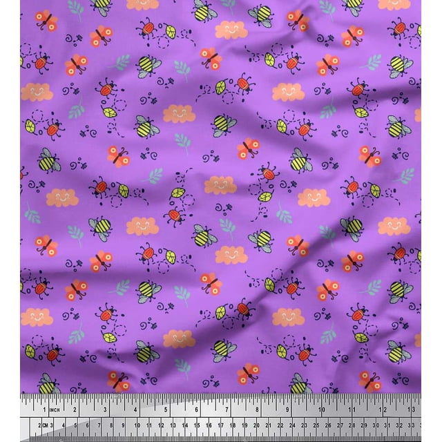 Soimoi Purple Silk Fabric Honey Bee & Bettle Bee Insects Decor Fabric Printed BTY 42 Inch Wide