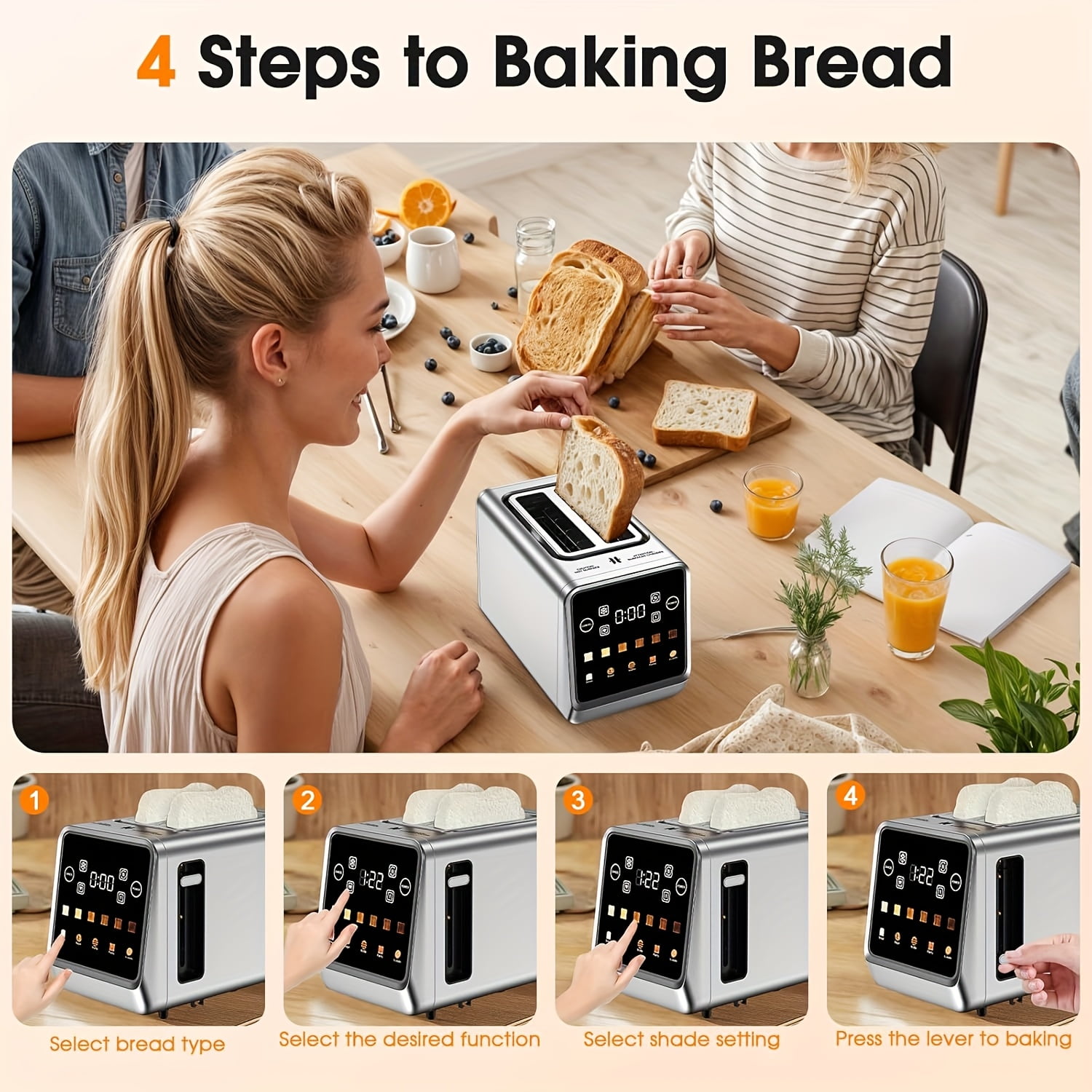 2-Slice Touch Screen Stainless Steel Toaster | Smart Digital with Memory Function, 5 Bread Types & 6 Shade Settings, 1.5" Wide Slot, 900W Power