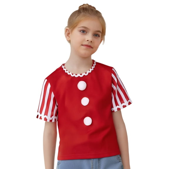 Aislor Kids Girls Christmas Short Sleeve Stripes Velvet Pullovers Partywear Gingerbread Man Cosplay T-shirts Red 12