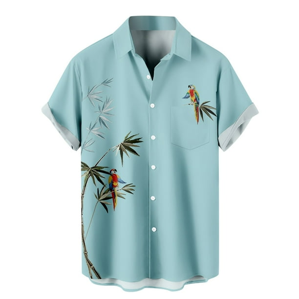 Camisas Hawaianas Para Hombre Camisa de manga corta con estampado de loro hawaiano simple para hombre, camisa de manga corta con solapa y botones, blusa con cuello vuelto superior (Light Blue, M)