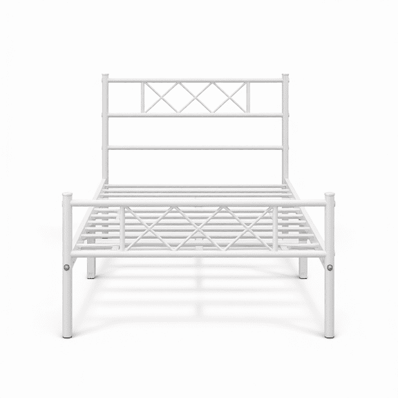 Twin Metal Platform Bed Frame with Simple Headboard, White