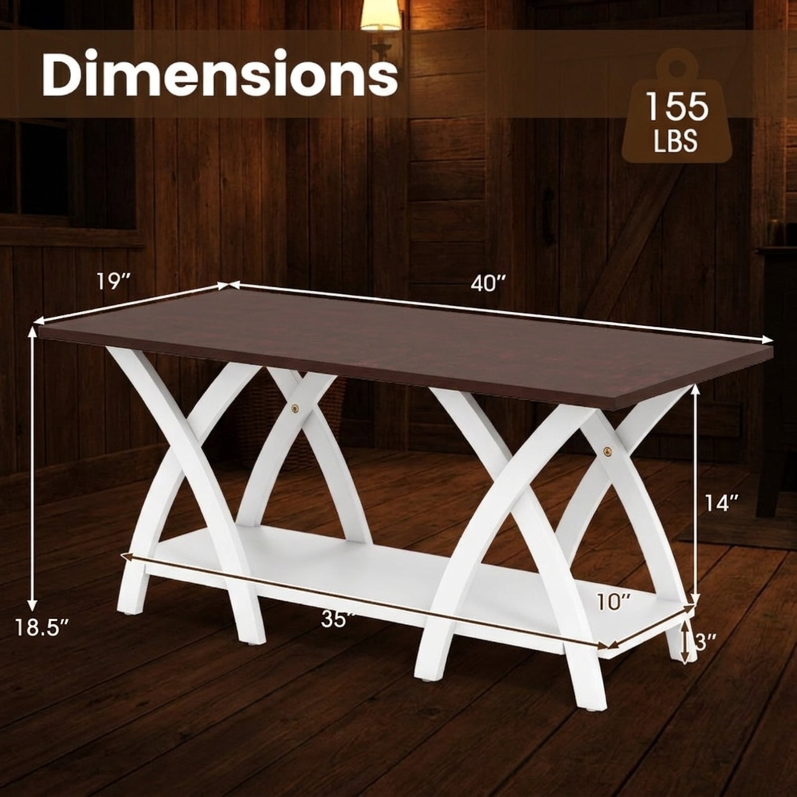 Furnibear 40 Inch Farmhouse Wooden 2-Tier Coffee Table with Storage Shelf for Living Room - Walnut - Living Room Cocktail Center Table
