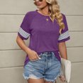 thumbnail image 2 of Top de mujer con manga a rayas, cuello redondo, manga corta, camiseta básica informal holgada para verano, color morado S, 2 of 8