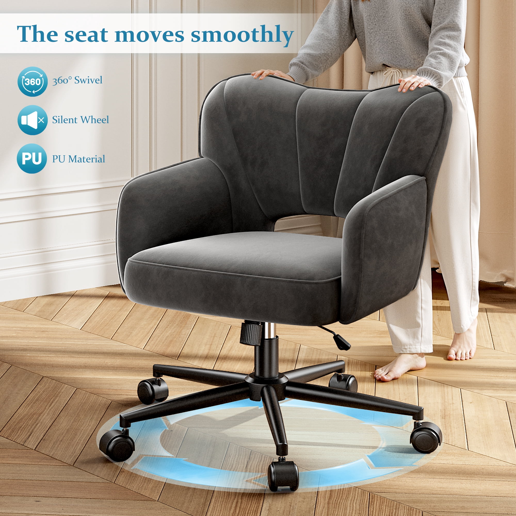 Romorgniz Vanity Chair with Wheels & Back Desk Chair Adjustable Height for Makeup, Work & Relaxation, Black