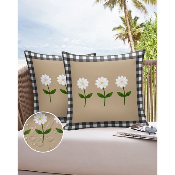 Outdoor Throw Pillow Cover Farm White Daisy Vintage Burlap Texture Waterproof Cushion Covers 2 Pack Buffalo Plaid Frame Pillow Cases Home Decoration for Patio Garden Couch Sofa