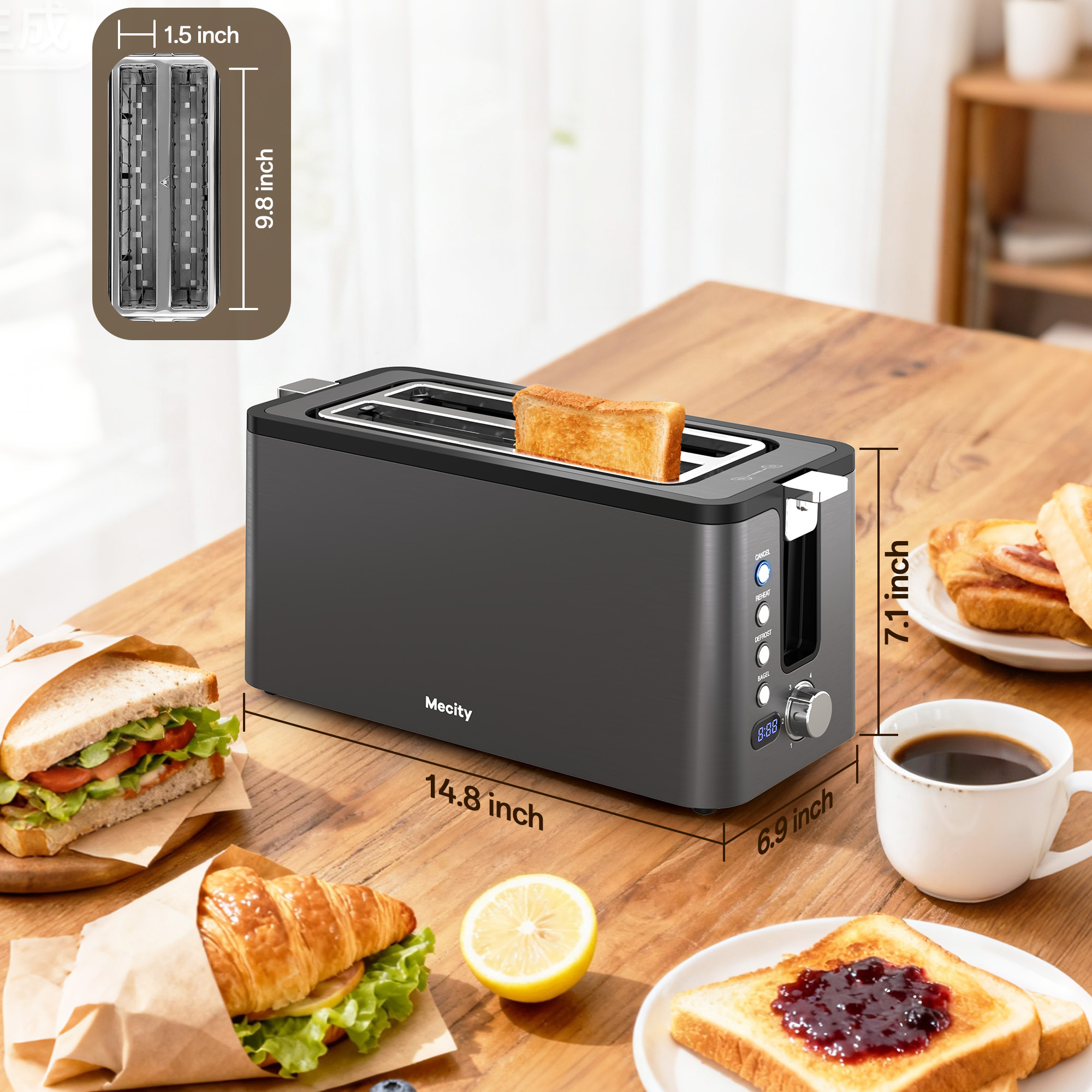Mecity 4-Slice Long Slot Toaster with Countdown Timer, Grey photo 2
