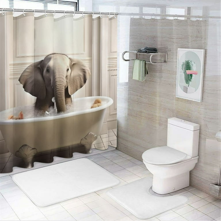 Creowell Elephant in Bathtub Shower Curtain Set with Hooks, Cloth