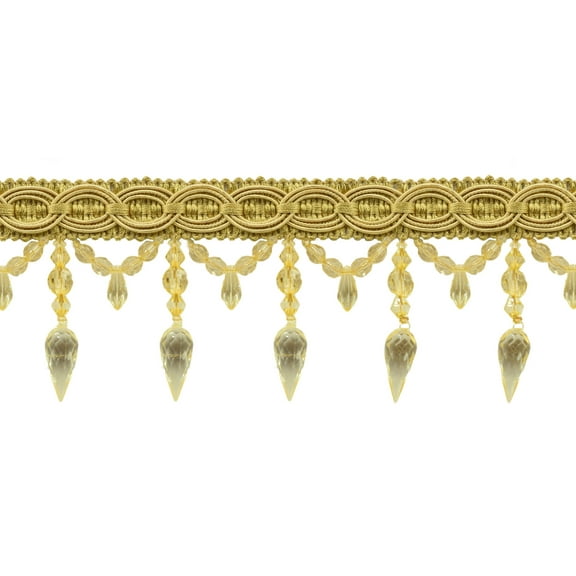 3 3/4" (9.5cm) Long Decorative Beaded Fringe Trim with Fancy Gimp Header, Large Teardrop Design # BF334,, Antique Gold #C4 (Dark Yellow Gold) Sold By The Yard (36"/3 ft/0.9m)