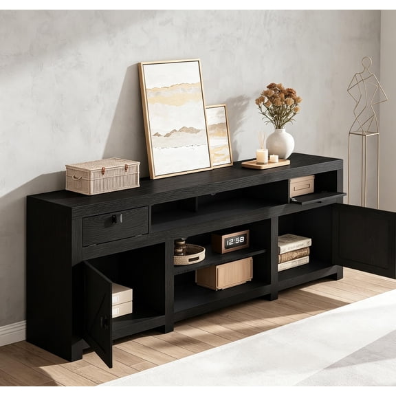 Farmhouse TV Stand for 75&80 Inch TV, Wooden Entertainment Center with Drawers & Vented Shelves, Rustic Console for Living Room & Bedroom