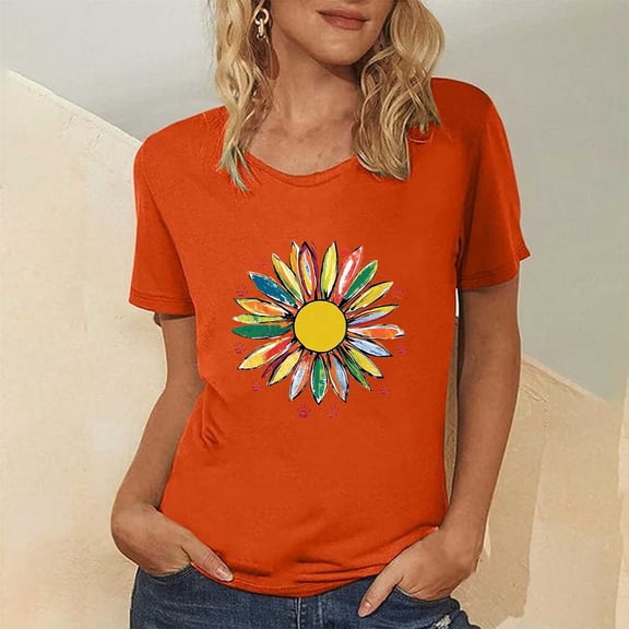 Haivin Women's Orange Shirt with Floral Print, Short Sleeve Round Neck Loose Top, Cotton Casual T-Shirt for Summer and Daily Wear