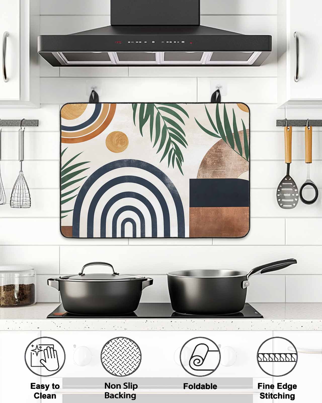 Stove Top Covers for Electric Stove, Abstract Boho Glass Stovetop Cover Protector, Bohemian Palm Leaf Geometric Leaf Circle Induction Cooktop Protector Oven Mat for Kitchen Countertop 24"x21"