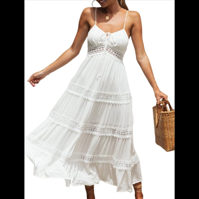 Vestido Bohemio de Encaje de Crochet para Mujer, Color Liso, con Tirantes Finos para Vacaciones de Verano. L