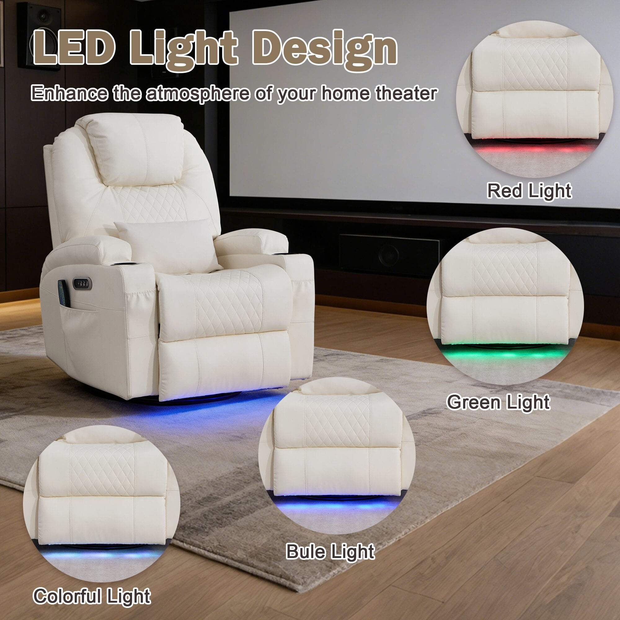 QJTC Power Swivel Rocker Recliner Chair for Living Room - Rocking Recliner with Heat and Massage/Cup Holder/LED Lights/USB & USB-C Ports,Beige