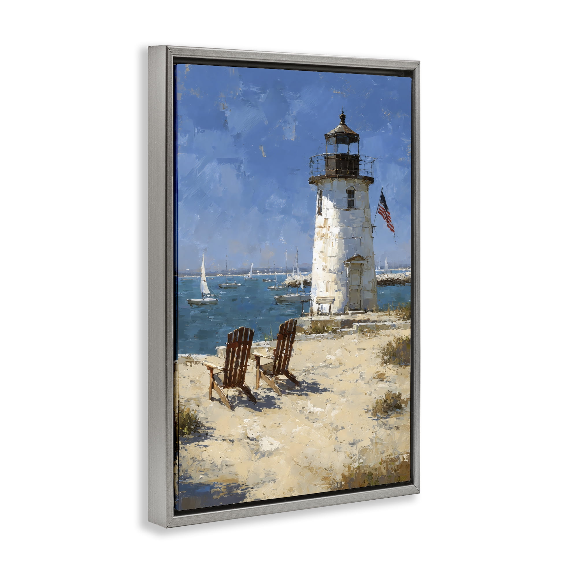 Stupell Industries Summer at Lighthouse Bay Gray Framed Floater Canvas Wall Art, design by Petal Prints Design