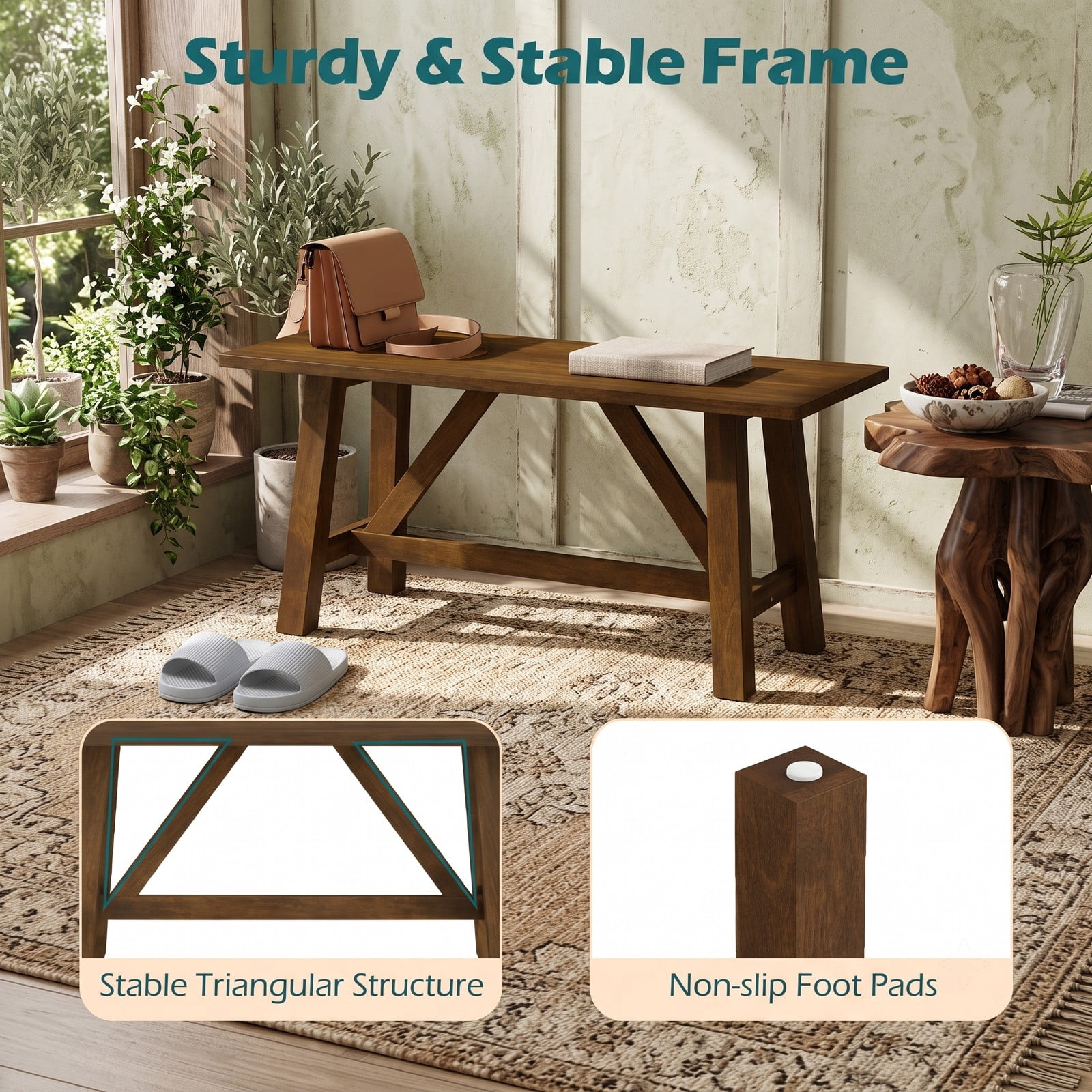Furnibear Wooden Entryway Bench with Solid Rubber Wood Trestle Legs and 400 lbs Capacity for Hallway and Dining Room, Brown