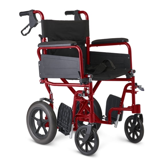 Medline Basic Aluminum Transport Chair with Swing-Back Full-Length Arms, Swing-Away Footrests and 12" Wheels, Red