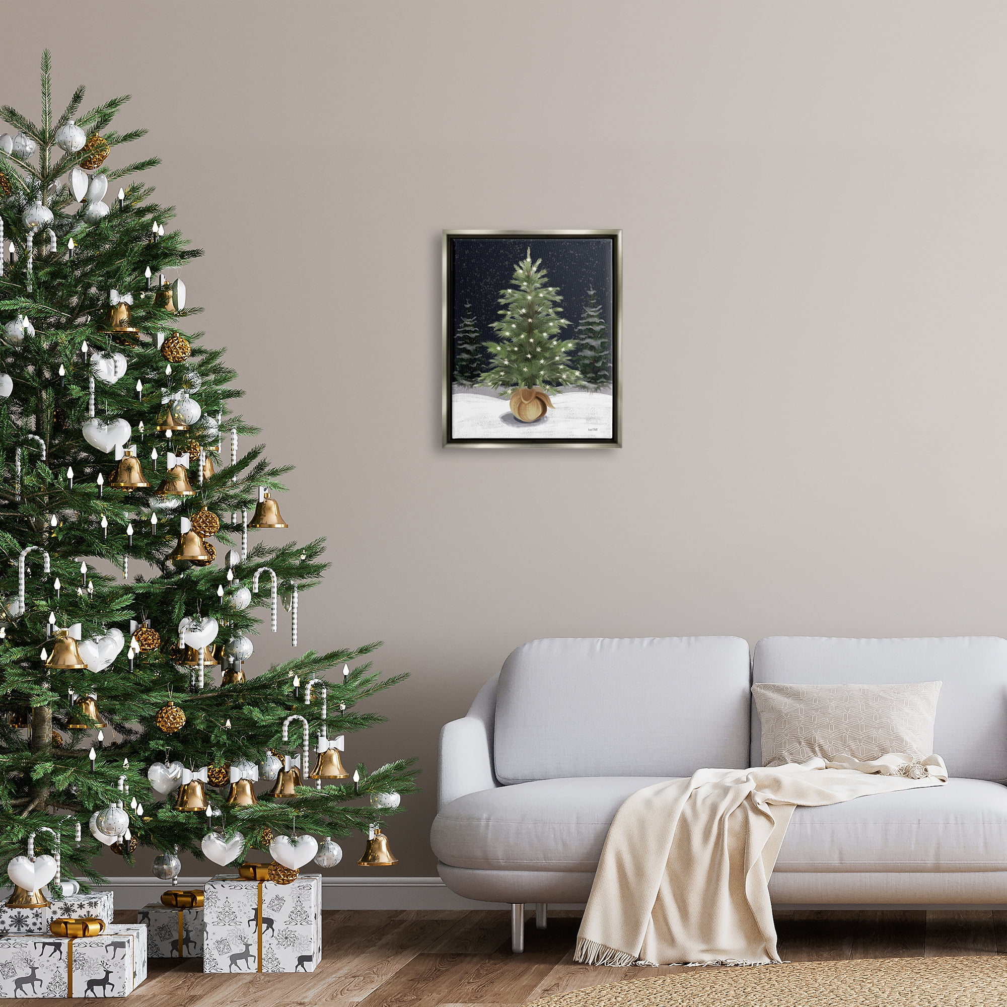 Stupell Industries Christmas Tree Snow Scene Holiday Painting Gray Floater Framed Canvas Art Print Wall Art, 17 x 21